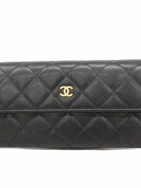 Chanel Wallet Quilted Caviar Leather Black Gold